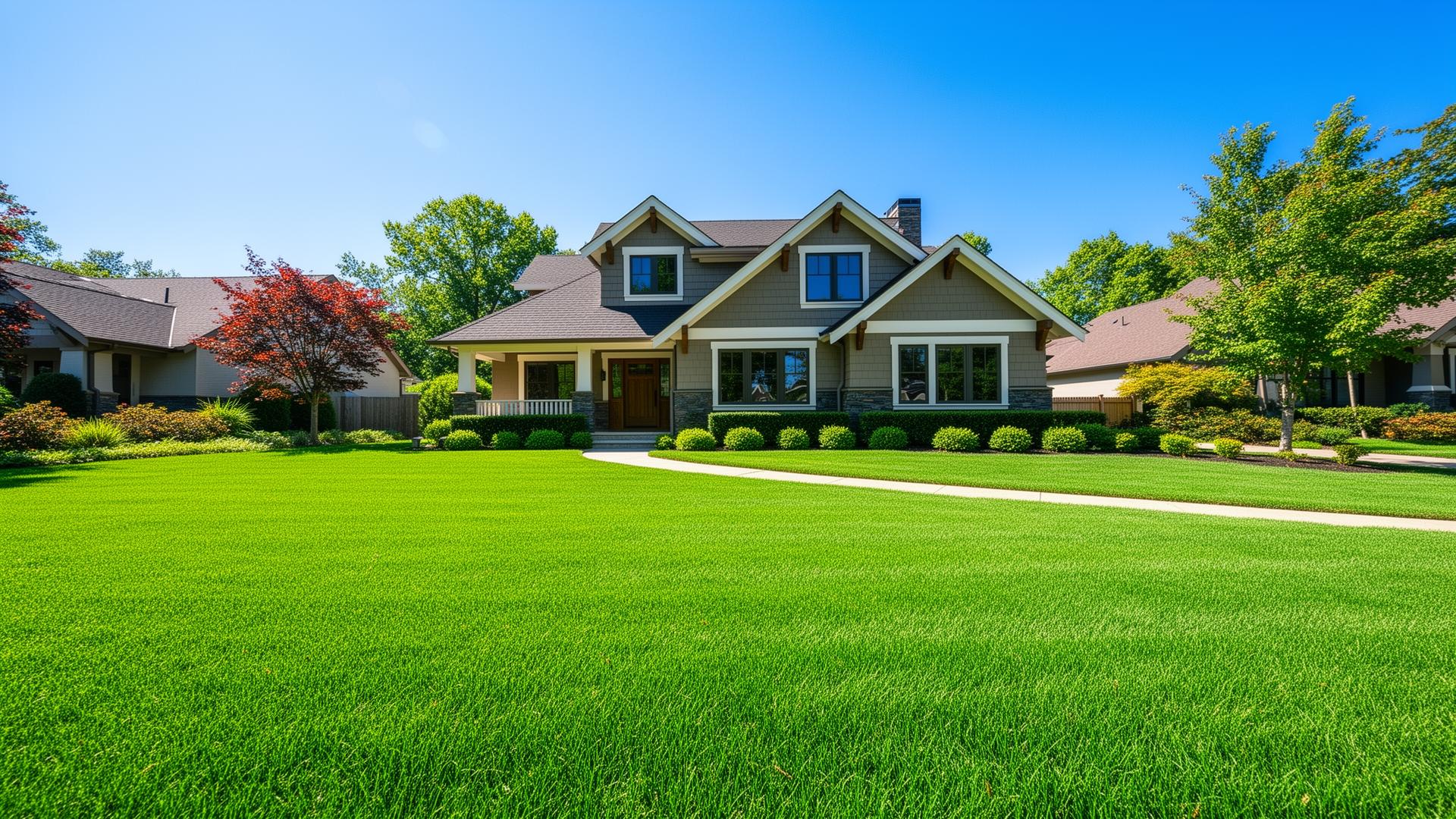 Freshly cut, healthy green lawn in front of a charming craftsman home